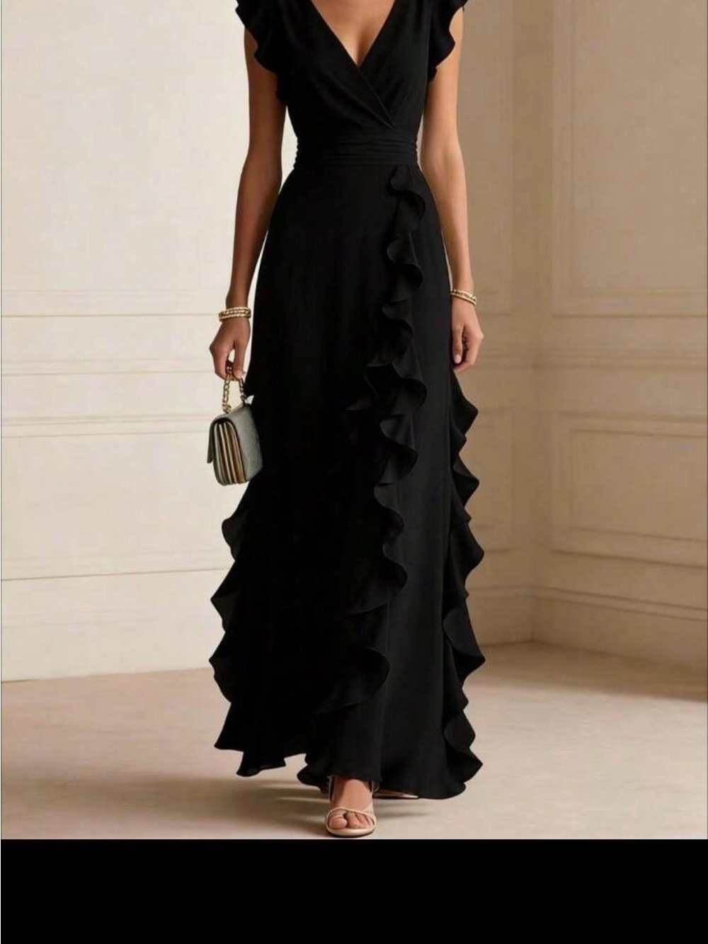 Elegant Black Ruffle Wrap Maxi Dress